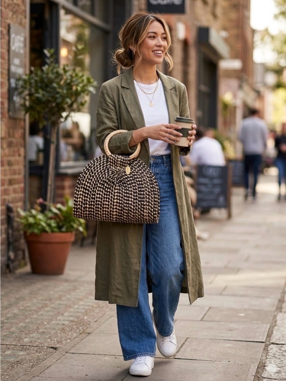 The Winding Road Woven Circle Handle Tote Bag - Black & Cream